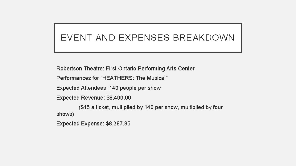 EVENT AND EXPENSES BREAKDOWN Robertson Theatre: First Ontario Performing Arts Center Performances for “HEATHERS: