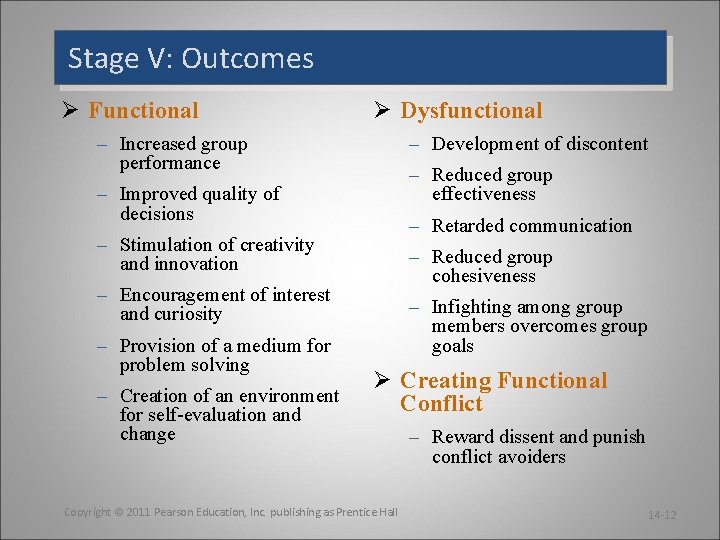 Stage V: Outcomes Ø Functional Ø Dysfunctional – Increased group performance – Development of