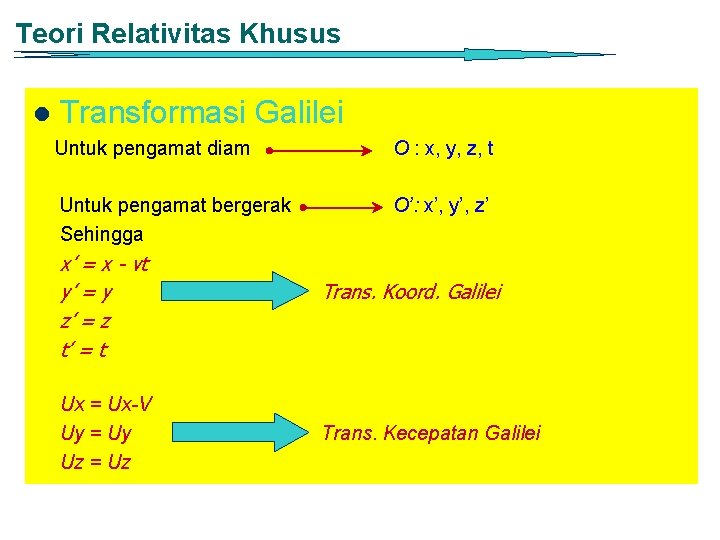 Teori Relativitas Khusus l Transformasi Galilei Untuk pengamat diam O : x, y, z,