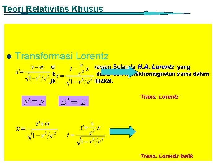 Teori Relativitas Khusus l Transformasi Lorentz Ditemukan oleh seorang Fisikawan Belanda H. A. Lorentz