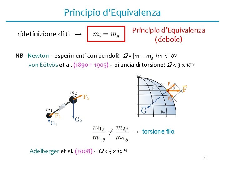 Principio d’Equivalenza ridefinizione di G → Principio d’Equivalenza (debole) NB - Newton - esperimenti