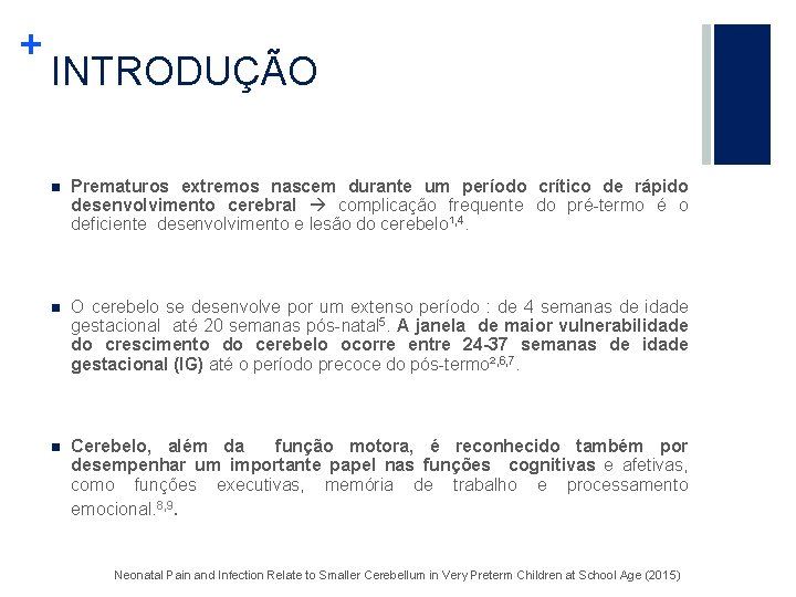 + INTRODUÇÃO n Prematuros extremos nascem durante um período crítico de rápido desenvolvimento cerebral