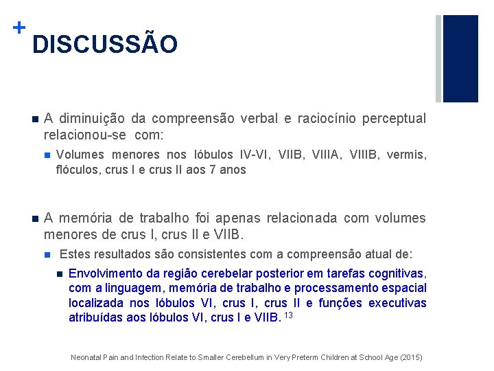 + DISCUSSÃO n A diminuição da compreensão verbal e raciocínio perceptual relacionou-se com: n