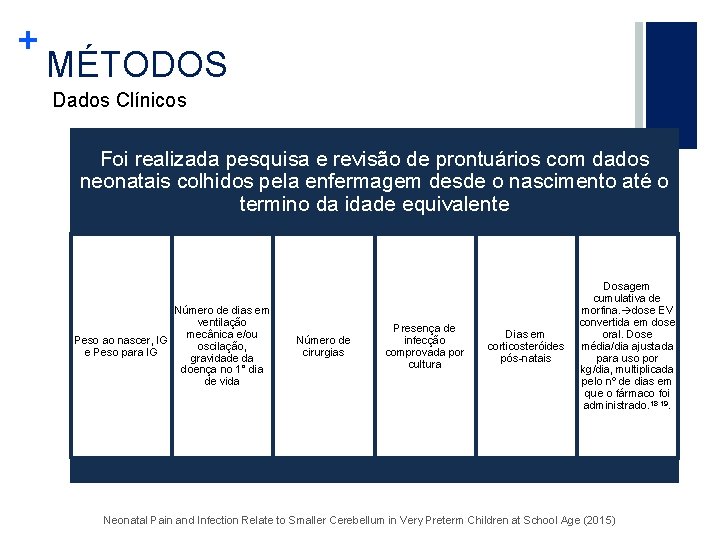 + MÉTODOS Dados Clínicos Foi realizada pesquisa e revisão de prontuários com dados neonatais