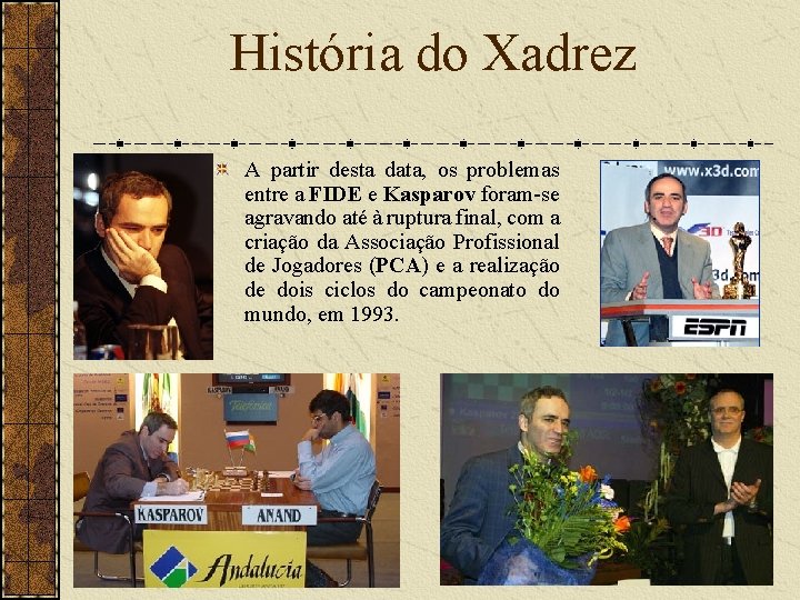 História do Xadrez A partir desta data, os problemas entre a FIDE e Kasparov
