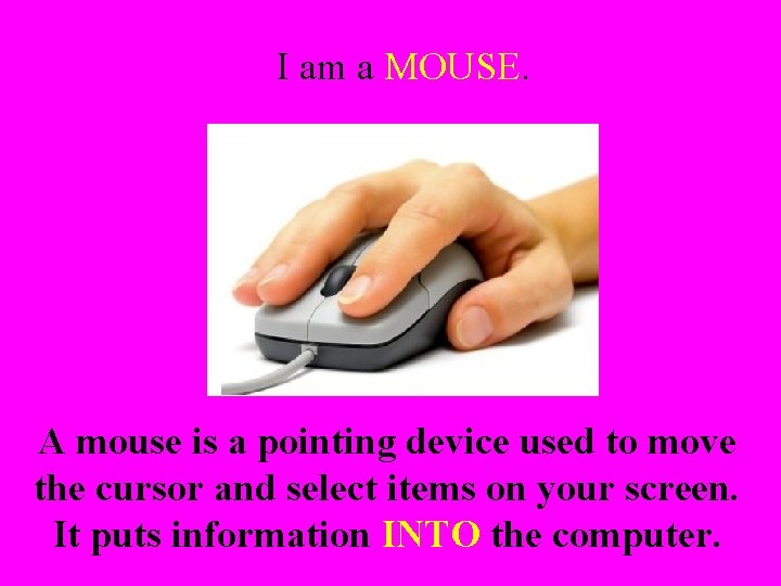 I am a MOUSE. A mouse is a pointing device used to move the