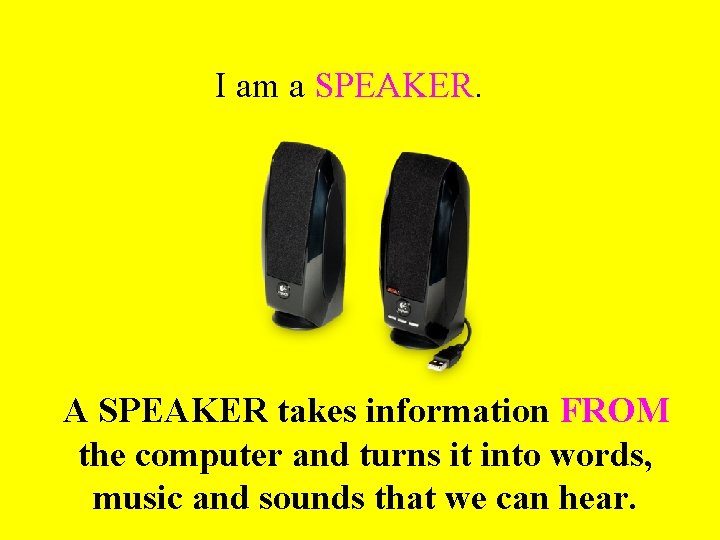 I am a SPEAKER. A SPEAKER takes information FROM the computer and turns it