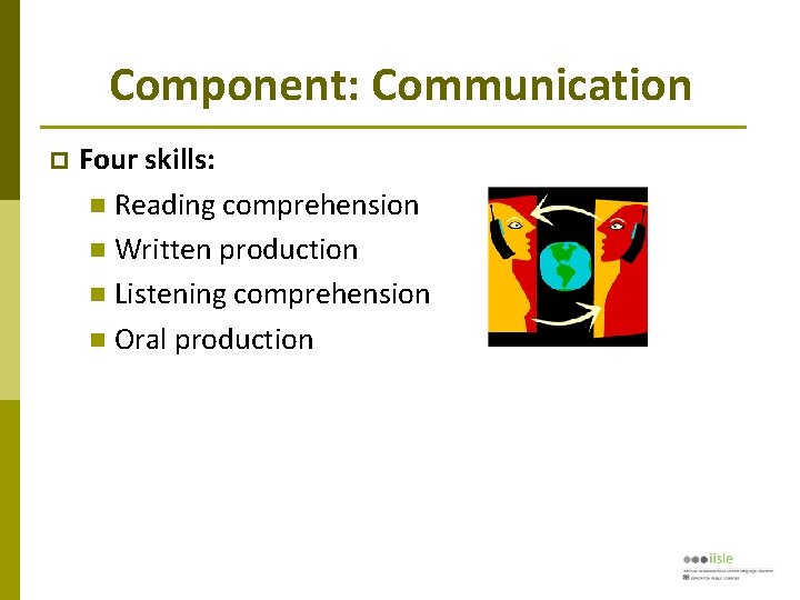 Component: Communication Four skills: Reading comprehension Written production Listening comprehension Oral production 