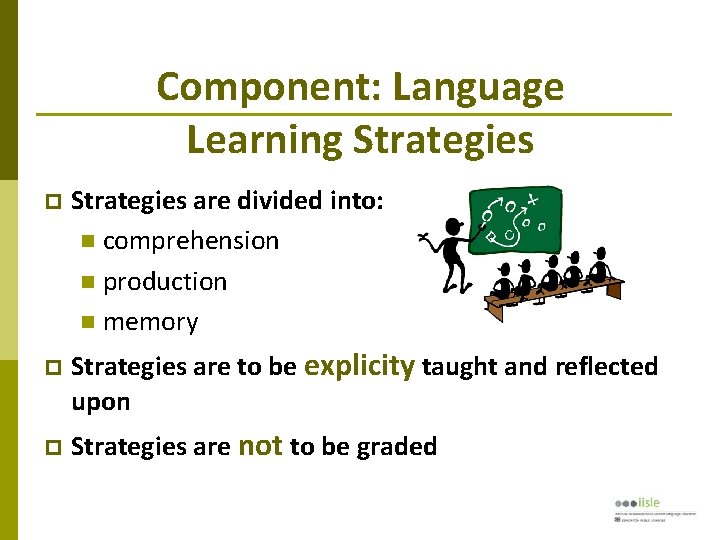 Component: Language Learning Strategies are divided into: comprehension production memory Strategies are to be