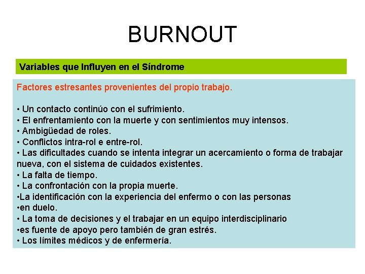 BURNOUT Variables que Influyen en el Síndrome Factores estresantes provenientes del propio trabajo. •