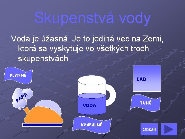 Skupenstvá vody Voda je úžasná. Je to jediná vec na Zemi, ktorá sa vyskytuje