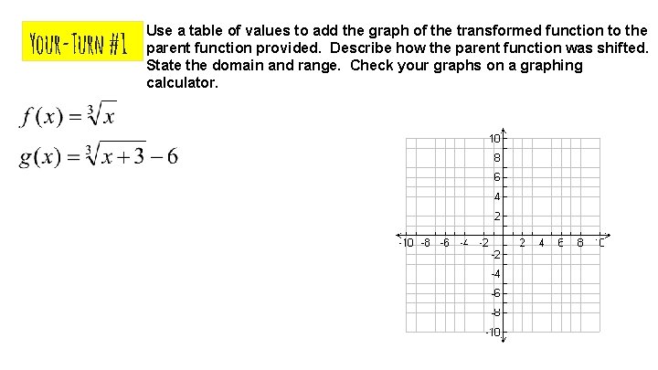 Your-Turn #1 Use a table of values to add the graph of the transformed