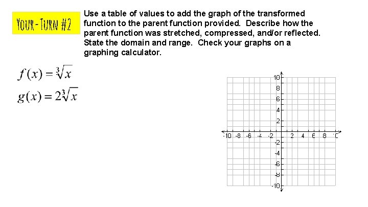 Your-Turn #2 Use a table of values to add the graph of the transformed