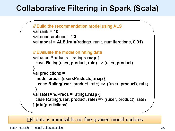 Collaborative Filtering in Spark (Scala) // Build the recommendation model using ALS val rank