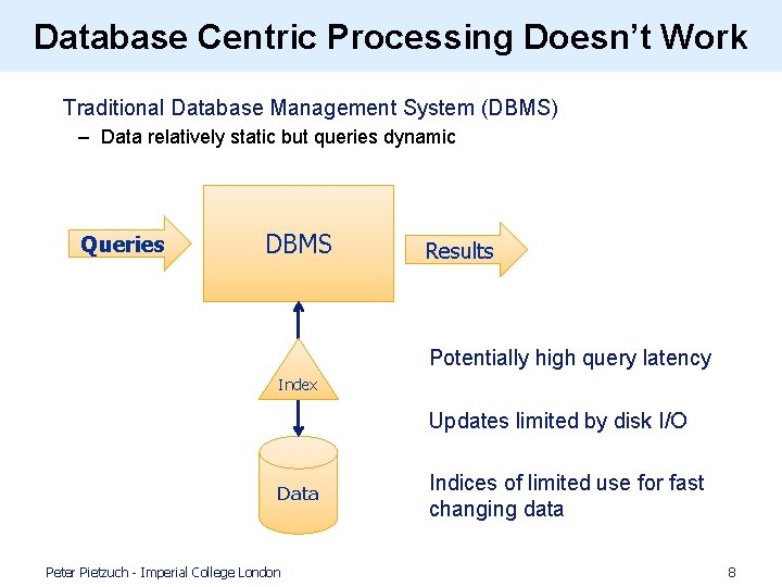 Database Centric Processing Doesn’t Work • Traditional Database Management System (DBMS) – Data relatively