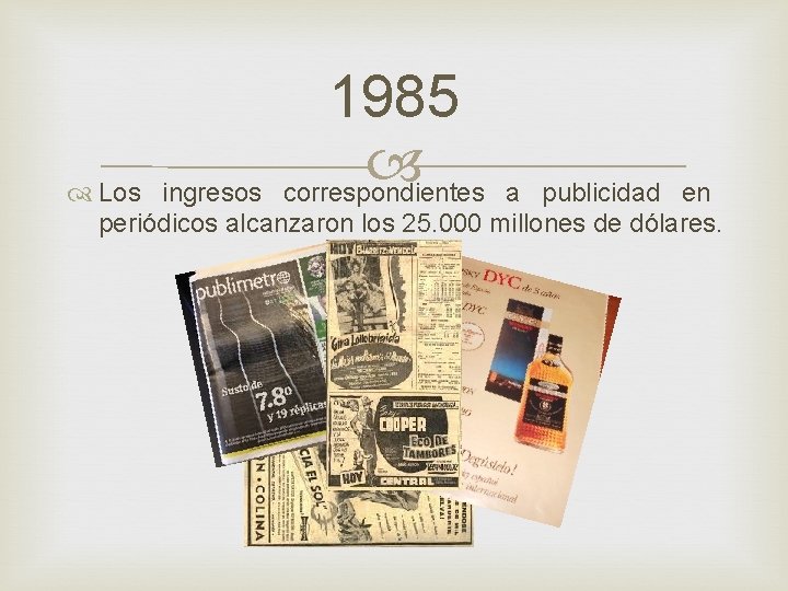 1985 correspondientes Los ingresos a publicidad en periódicos alcanzaron los 25. 000 millones de