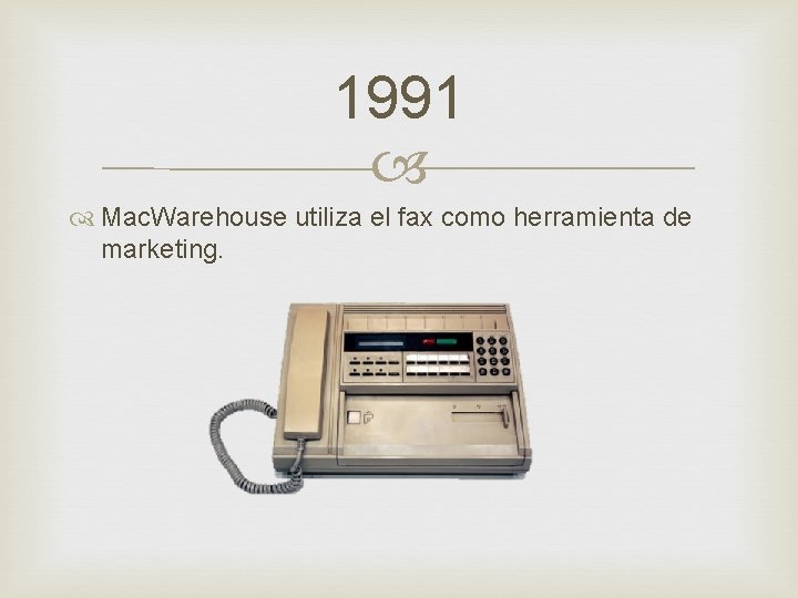 1991 Mac. Warehouse utiliza el fax como herramienta de marketing. 
