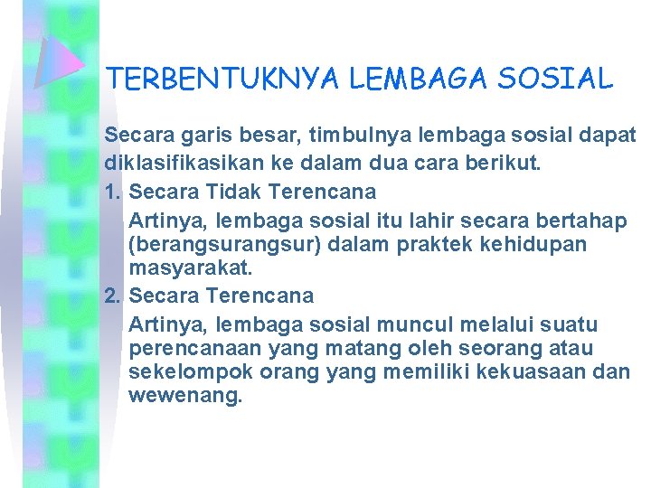 TERBENTUKNYA LEMBAGA SOSIAL Secara garis besar, timbulnya lembaga sosial dapat diklasifikasikan ke dalam dua