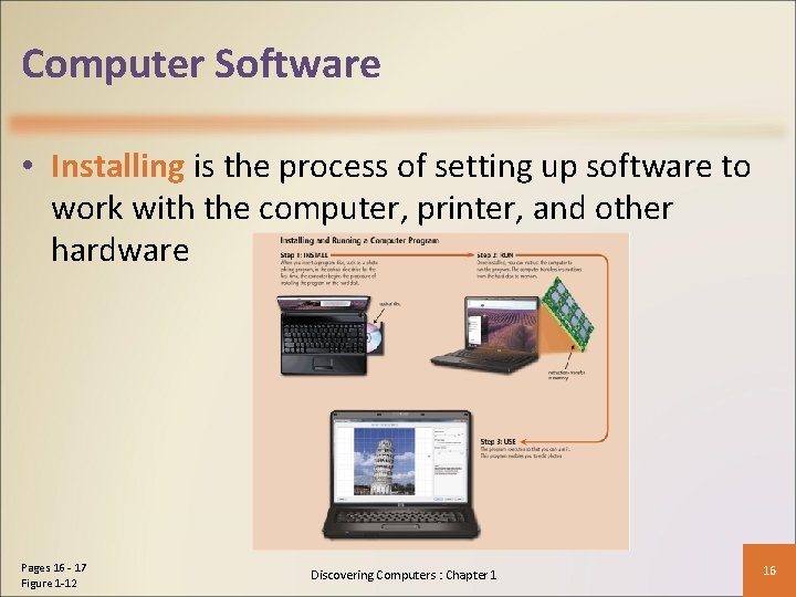 Computer Software • Installing is the process of setting up software to work with