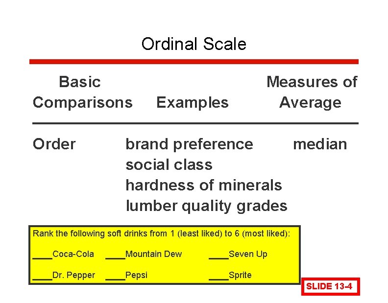Ordinal Scale Basic Comparisons Order Examples Measures of Average brand preference median social class Ordinal Scale Basic Comparisons Order Examples Measures of Average brand preference median social class