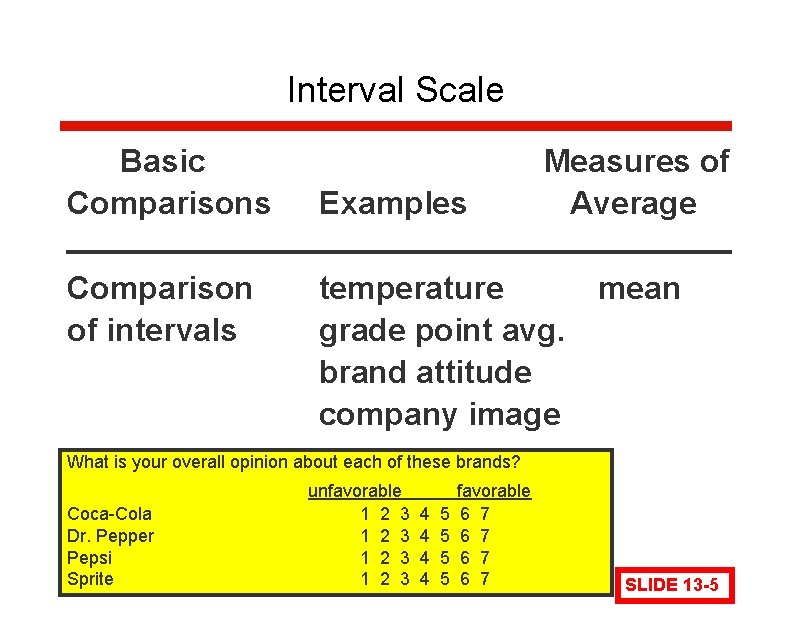 Interval Scale Basic Comparisons Comparison of intervals Examples Measures of Average temperature grade point Interval Scale Basic Comparisons Comparison of intervals Examples Measures of Average temperature grade point