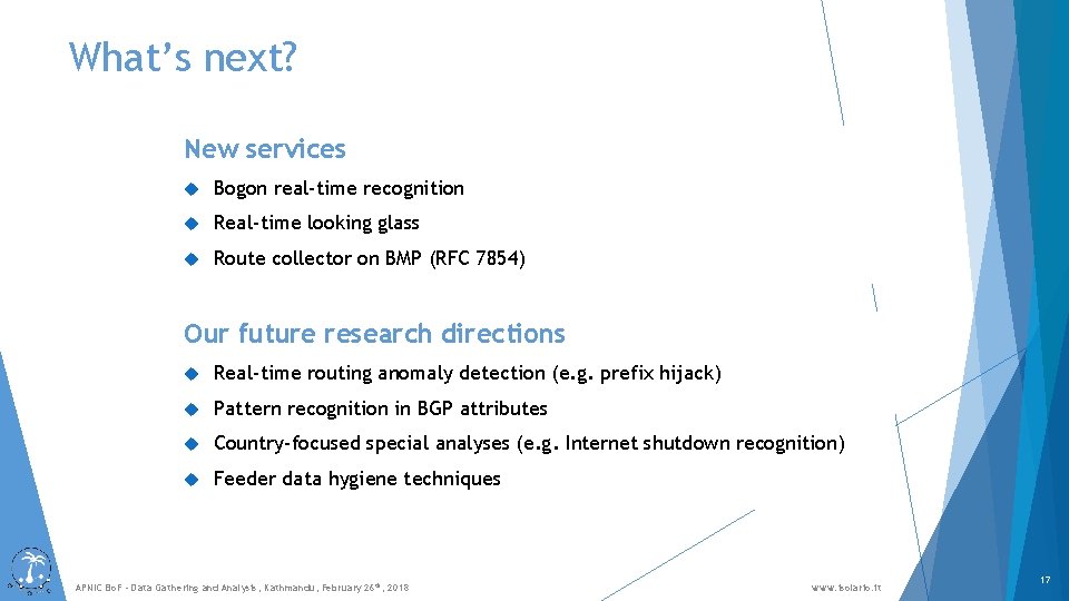 What’s next? New services Bogon real-time recognition Real-time looking glass Route collector on BMP