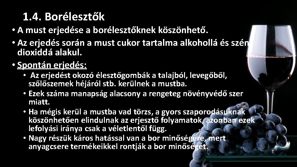 1. 4. Borélesztők • A must erjedése a borélesztőknek köszönhető. • Az erjedés során 1. 4. Borélesztők • A must erjedése a borélesztőknek köszönhető. • Az erjedés során