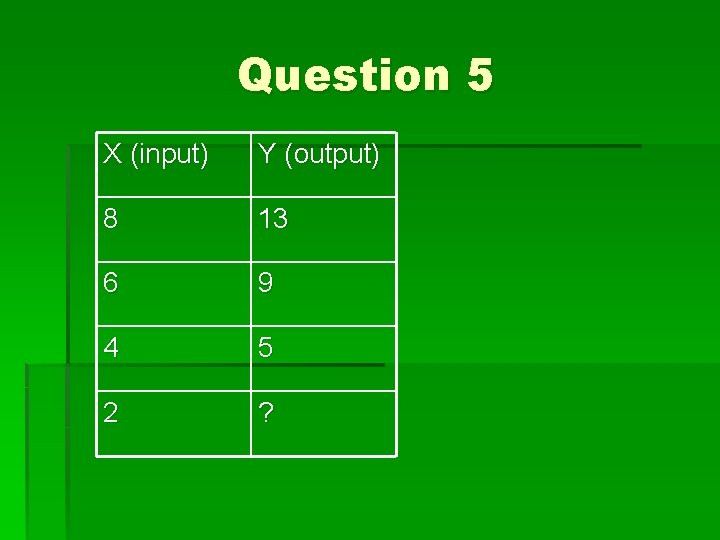 Question 5 X (input) Y (output) 8 13 6 9 4 5 2 ?