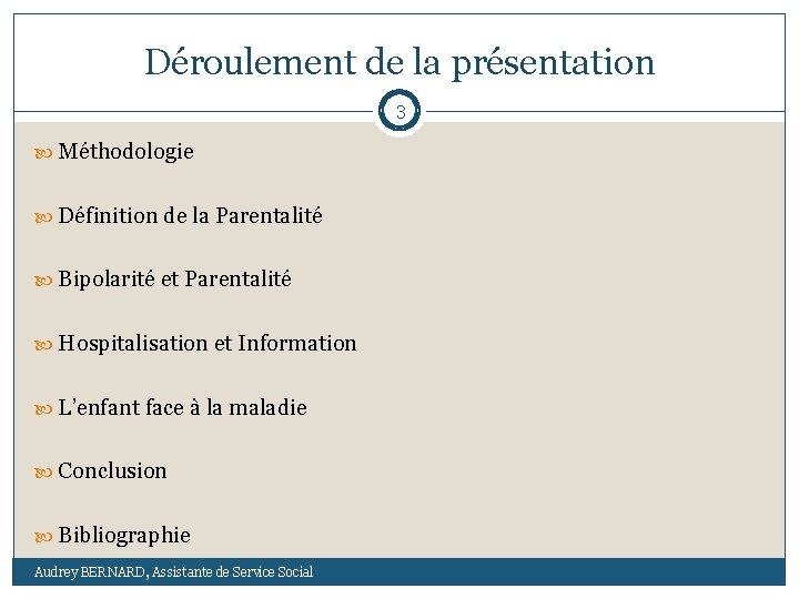 Déroulement de la présentation 3 Méthodologie Définition de la Parentalité Bipolarité et Parentalité Hospitalisation