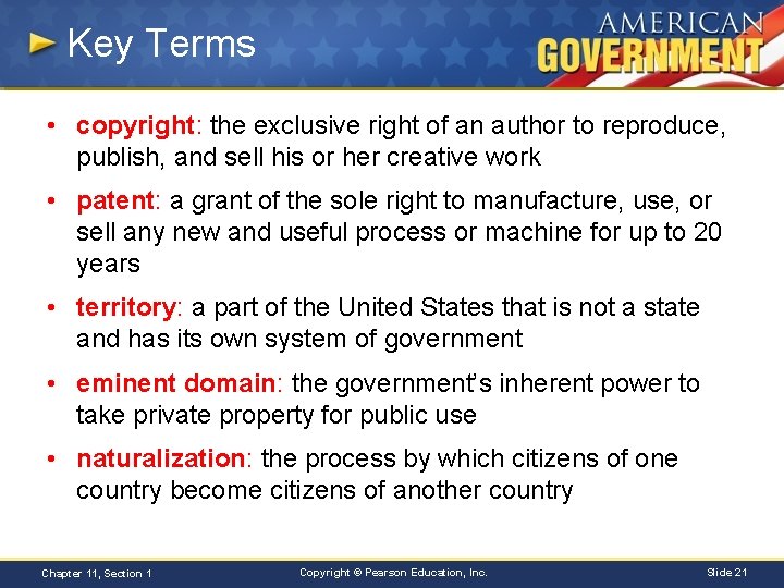 Key Terms • copyright: the exclusive right of an author to reproduce, publish, and