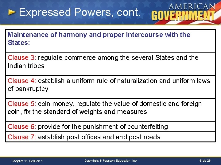 Expressed Powers, cont. Maintenance of harmony and proper intercourse with the States: Clause 3: