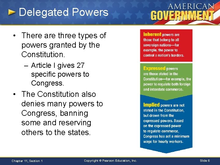 Delegated Powers • There are three types of powers granted by the Constitution. –