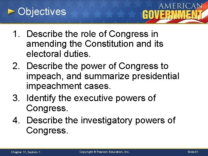 Objectives 1. Describe the role of Congress in amending the Constitution and its electoral