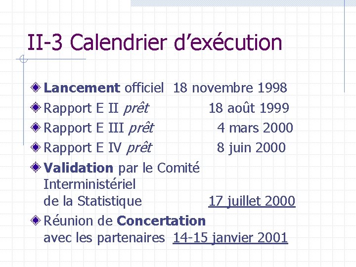 II-3 Calendrier d’exécution Lancement officiel 18 novembre 1998 Rapport E II prêt 18 août