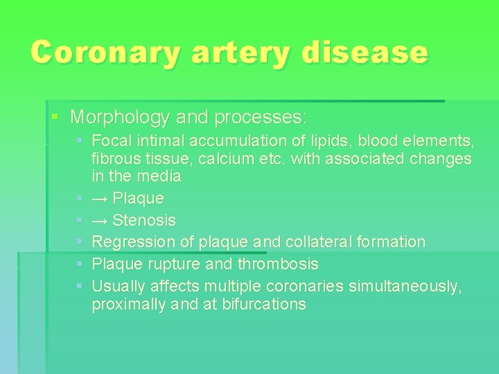 Coronary artery disease § Morphology and processes: § Focal intimal accumulation of lipids, blood