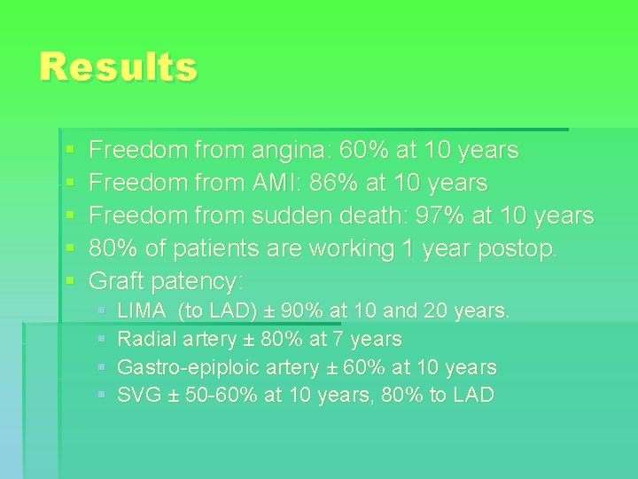 Results § § § Freedom from angina: 60% at 10 years Freedom from AMI: