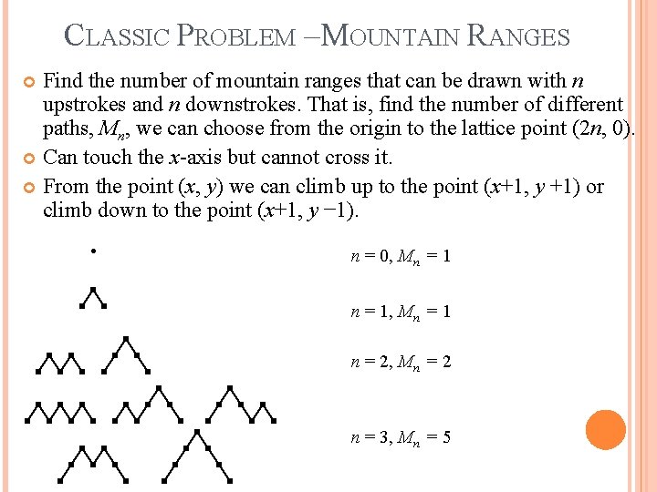 CLASSIC PROBLEM –MOUNTAIN RANGES Find the number of mountain ranges that can be drawn CLASSIC PROBLEM –MOUNTAIN RANGES Find the number of mountain ranges that can be drawn