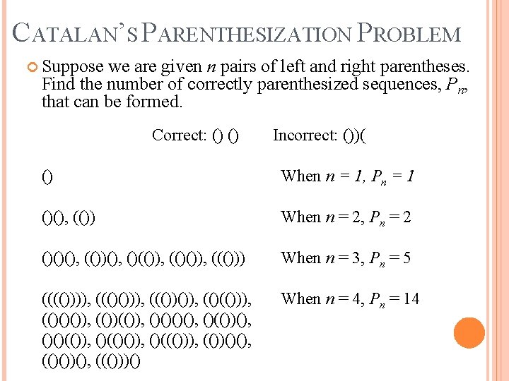 CATALAN’S PARENTHESIZATION PROBLEM Suppose we are given n pairs of left and right parentheses. CATALAN’S PARENTHESIZATION PROBLEM Suppose we are given n pairs of left and right parentheses.