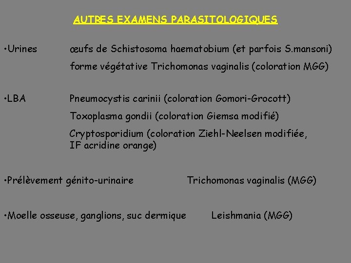 AUTRES EXAMENS PARASITOLOGIQUES • Urines œufs de Schistosoma haematobium (et parfois S. mansoni) forme