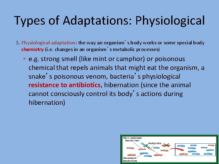 Types of Adaptations: Physiological 3. Physiological adaptation: the way an organism’s body works or