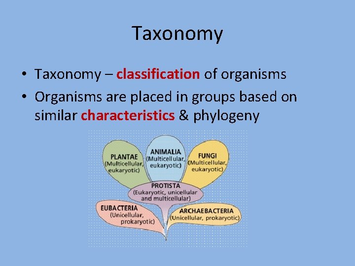 Taxonomy • Taxonomy – classification of organisms • Organisms are placed in groups based