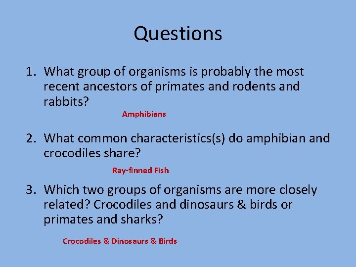 Questions 1. What group of organisms is probably the most recent ancestors of primates