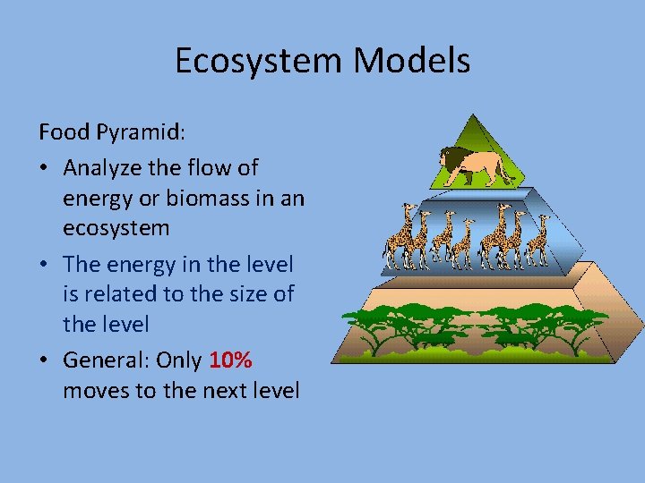 Ecosystem Models Food Pyramid: • Analyze the flow of energy or biomass in an
