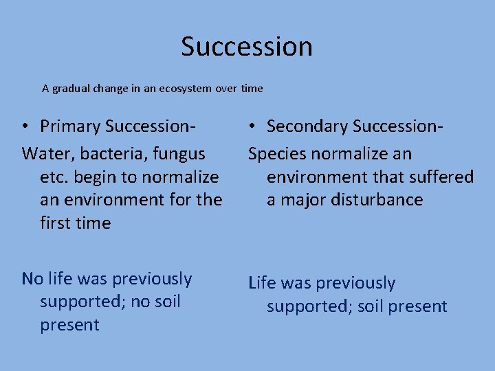 Succession A gradual change in an ecosystem over time • Primary Succession. Water, bacteria,