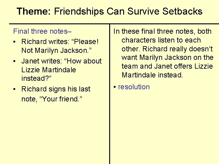 Theme: Friendships Can Survive Setbacks Final three notes– • Richard writes: “Please! Not Marilyn