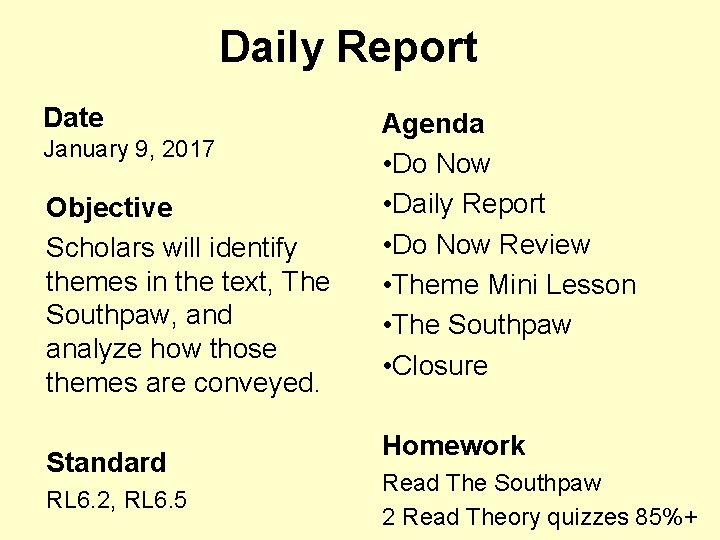 Daily Report Date January 9, 2017 Objective Scholars will identify themes in the text,