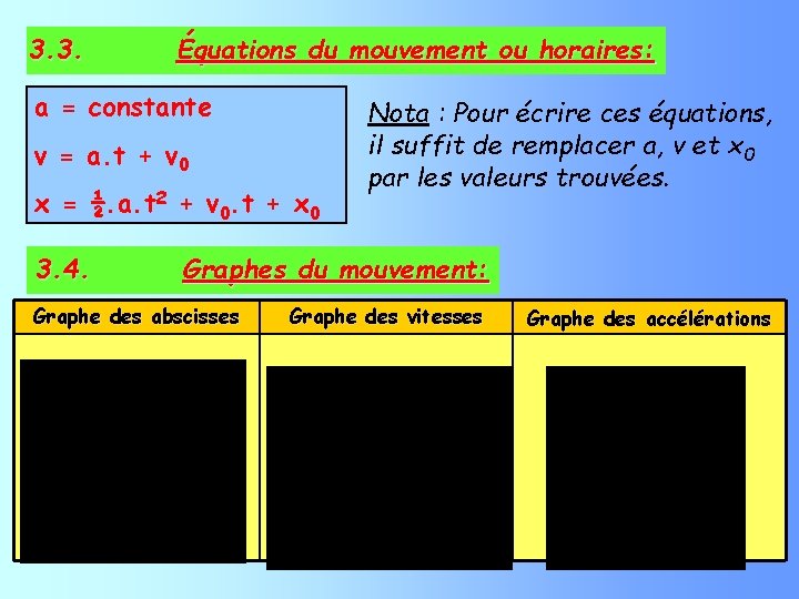 3. 3. Équations du mouvement ou horaires: a = constante v = a. t