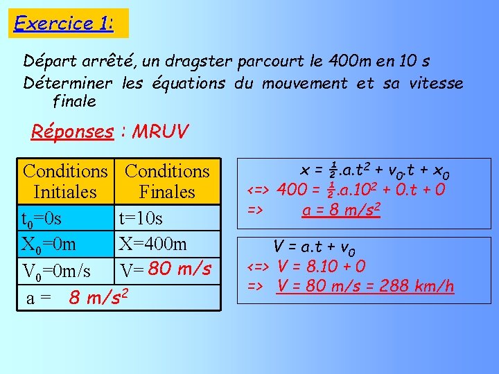 Exercice 1: Départ arrêté, un dragster parcourt le 400 m en 10 s Déterminer