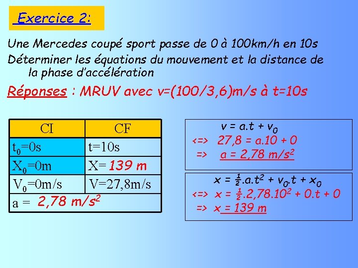 Exercice 2: Une Mercedes coupé sport passe de 0 à 100 km/h en 10