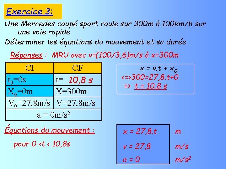 Exercice 3: Une Mercedes coupé sport roule sur 300 m à 100 km/h sur